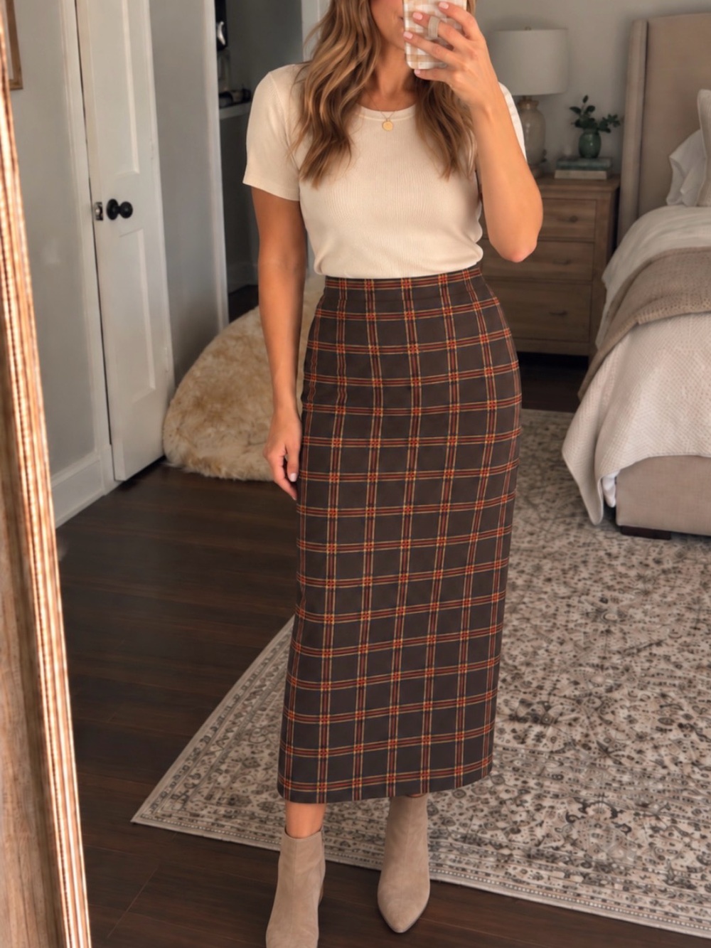 Vintage Plaid Midi Skirt Brown Tartan Academia Grunge Size 14